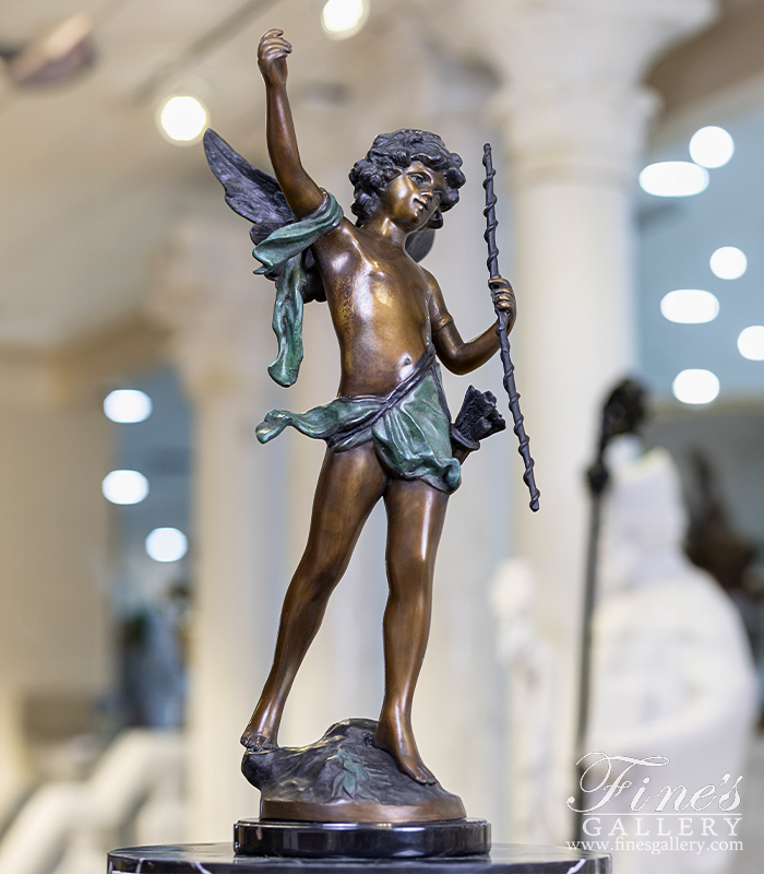 Bronze Statues  - Playful Young Cherub Boy W/Staff Bronze Statue - BS-372